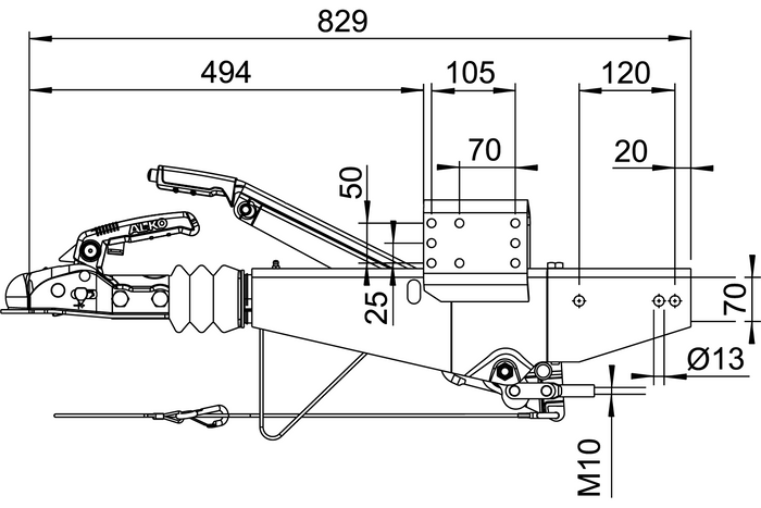 Dispositivo de inercia AL-KO 161S con enganche AK161 para remolque de 1600 kg con lanza cuadrada