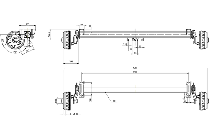 KNOTT VGB13 eje frenado para remolque / grúa 1350kg 1300mm 1750mm 5x112