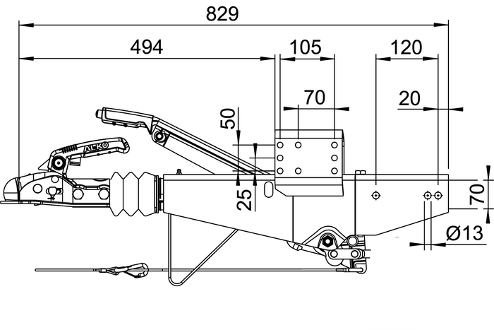 Dispositivo de inercia AL-KO 161S con enganche AK161 para remolque de 1600 kg con lanza cuadrada