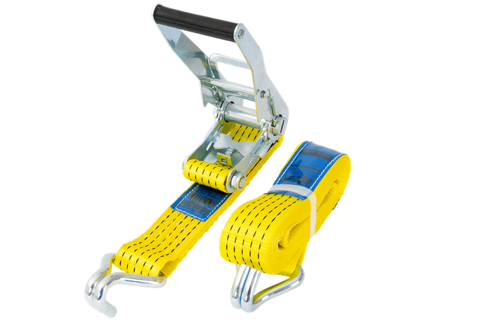 Juego de cuatro correas de transporte UNITRAILER amarillas de 4 m/50 mm/5 t con tensor.