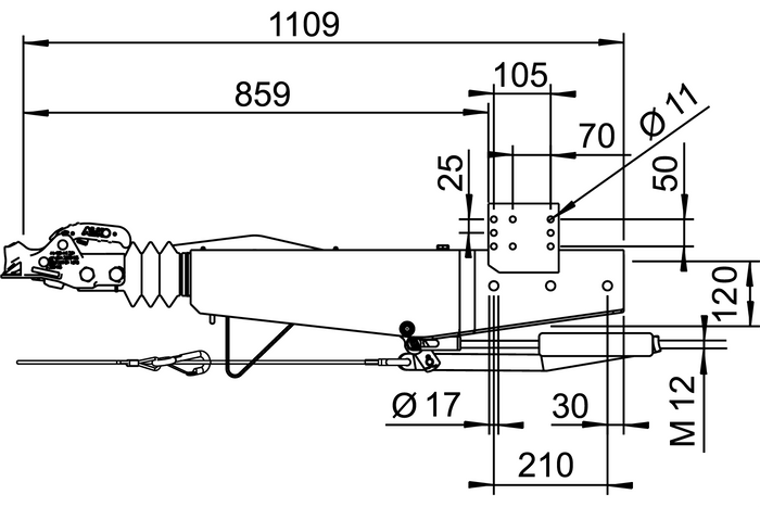 Dispositivo de inercia AL-KO 2.8VB1 con enganche AK351 para remolque de 3500 kg con lanza cuadrada