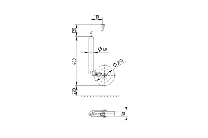 Rueda de apoyo con abrazadera de hierro fundido KNOTT TK48+LBG48 150 kg 48 mm 480-700 mm