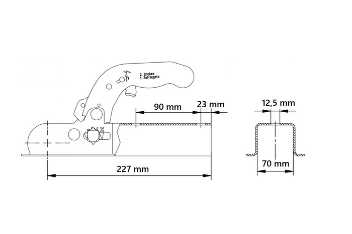 Enganche de bola KNOTT K7.5-M para remolque de 750 kg con barra de tiro cuadrada de 70 mm