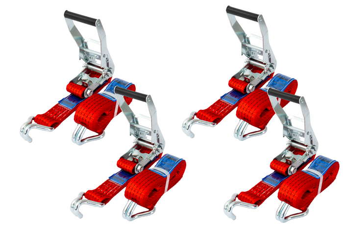 Juego de cuatro correas de transporte UNITRAILER rojas de 4 m/50 mm/5 t con tensor.