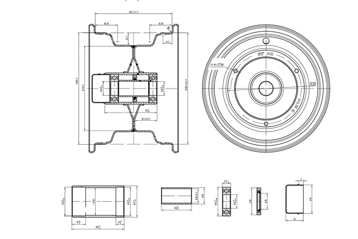 Llanta de acero UNITRAILER 5.5" x 8" H2 3x128 con rodamientos 6205-2RS