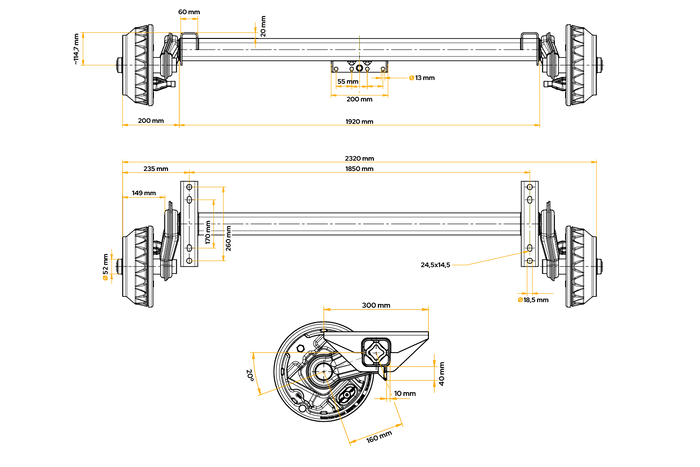 Eje con freno KNOTT VGB18MV para remolque/transportador de vehículos 1800 kg 1850 mm 2320 mm 5 x 112