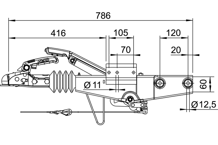 Dispositivo de inercia AL-KO 60S/2 con enganche AK161 para remolque de 750 kg con lanza cuadrada