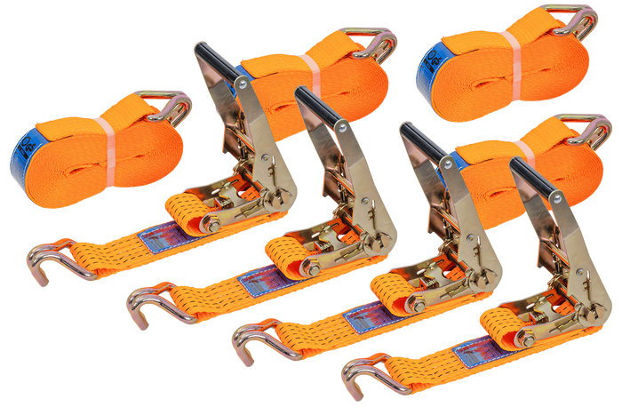 Juego de cuatro correas de transporte UNITRAILER de 8 m/50 mm/5 t de color naranja con tensor.