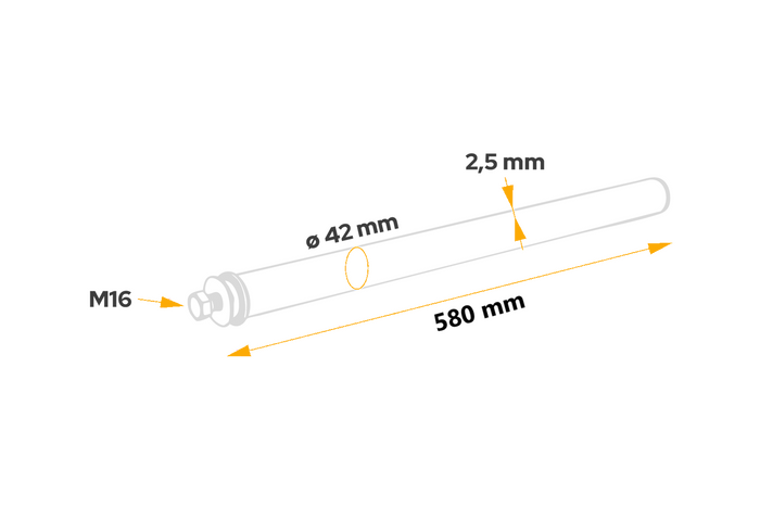 Tubo recto para el montaje del guardabarros DOMAR DK8020, diámetro del soporte 42 mm, longitud 580 mm.