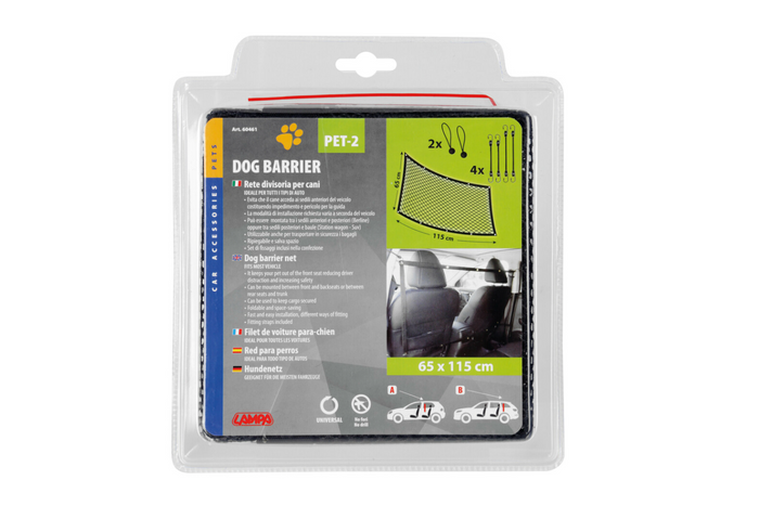 Mampara para perros LAMPA PET-2 barrera de malla fijada a los asientos delanteros 115x65cm