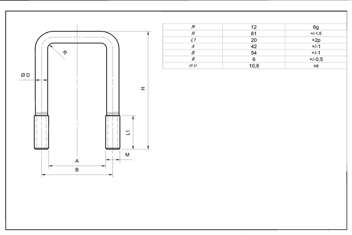 U perno con arandelas y tuercas M12 70/42/70