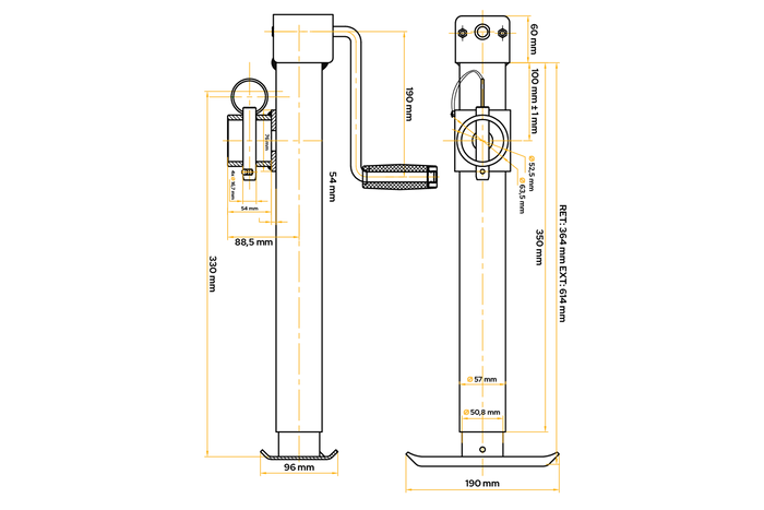 UNITRAILER TJ5001 Soporte de manivela extensible para remolque de plataforma de 1300 kg 364-614 mm
