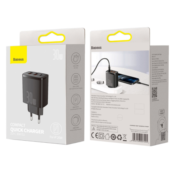 Cargador de pared compacto BASEUS 2xUSB-A, USB-C