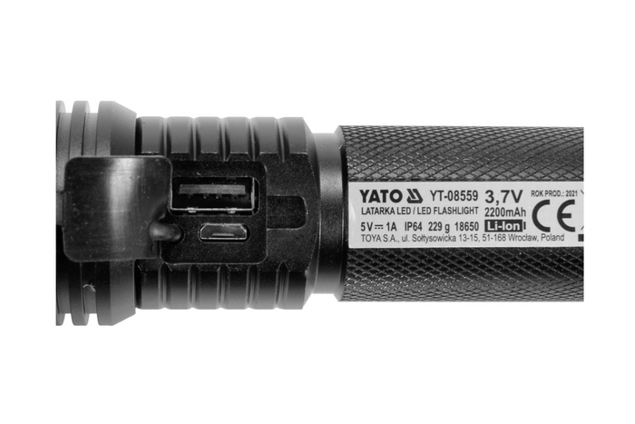 Linterna LED multifunción YATO YT-085609 de 900 lm, batería externa, abridor de botellas y martillo de emergencia.