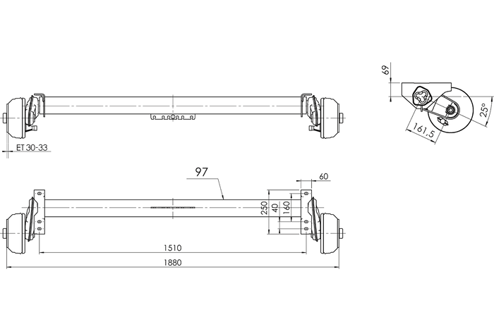 AL-KO COMPACT eje frenado para remolque / grúa 1350kg 1510mm 1880mm 5x112