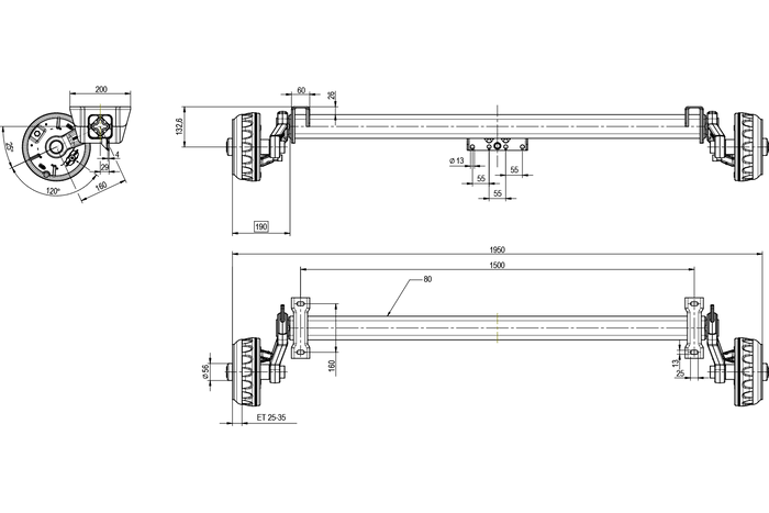 KNOTT VGB13 eje frenado para remolque / grúa 1350kg 1500mm 1950mm 4x100