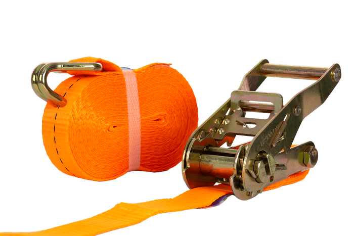 Juego de cuatro correas de transporte UNITRAILER de 8 m/25 mm/1 t de color naranja con tensor.