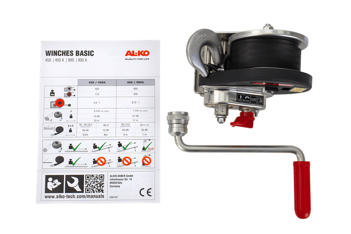 Cabrestante, cabrestante manual para grúa remolque AL-KO de 450kg con correa de 6m, freno y desenrollado automático