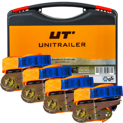 Juego de cuatro correas de transporte UNITRAILER de 4 m/25 mm/0,68 t de color naranja con tensor, en maleta.
