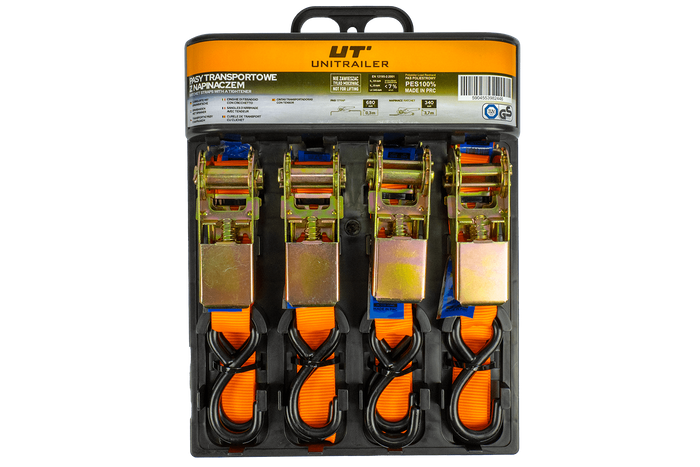 Juego de cuatro correas de transporte UNITRAILER de 4 m/25 mm/0,68 t de color naranja con tensor.