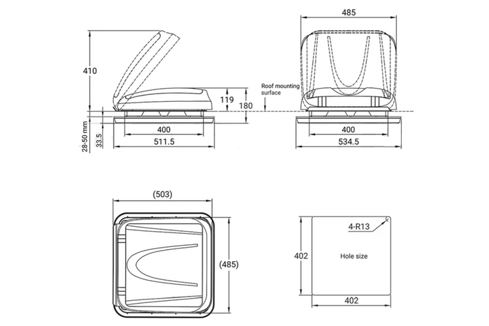 Ventana de techo para autocaravana ProPlus 610905V01 con iluminación LED, 400x400 mm.