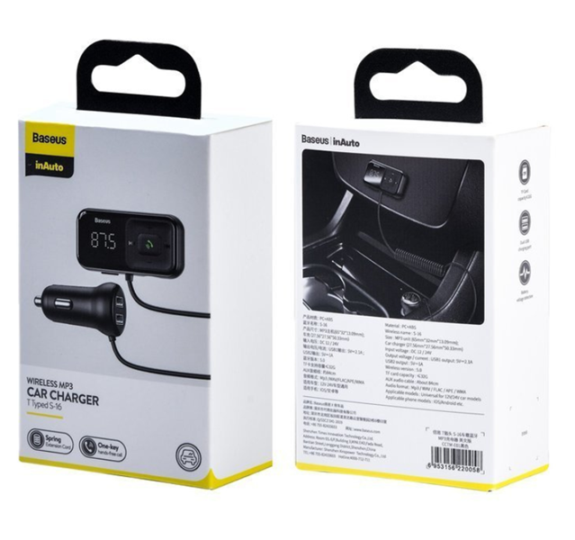 Transmisor FM BASEUS T tipo S-16 con Bluetooth 5.0, reproductor MP3 y cargador para coche con 2 puertos USB.