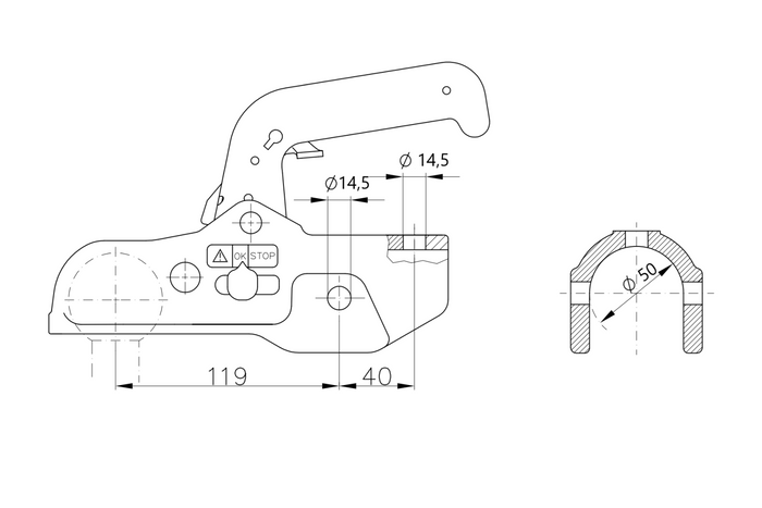 Enganche de bola WINTERHOFF WW 350-RB-K1414 para remolque de 3500 kg con barra de tiro de tubo de 50 mm, hierro fundido.