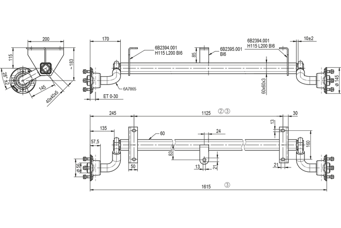 KNOTT VG7-L eje sin freno para remolque 750kg 1125mm 1615mm 4x100