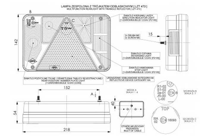 Piloto trasero HORPOL LZT470, 6 funciones, derecho