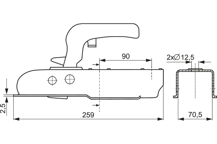 Enganche de bola STEELPRESS ZSK-0750J para remolque de 750kg con barra de tiro cuadrada de 70mm