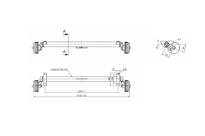Eje con freno AL-KO EURO para remolque/portacoches 1800 kg 1650 mm 2150 mm 5x112