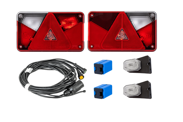 Juego de luces: luces traseras ASPÖCK MULTIPOINT V + luces de posición laterales ASPÖCK FLEXIPOINT I + arnés ASPÖCK de 7 pines y 4,5 m