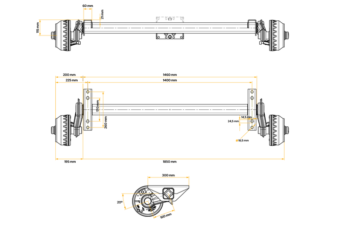 Eje con freno KNOTT VGB15M/MV para remolque/transportador 1500 kg 1400 mm 1850 mm 5x112