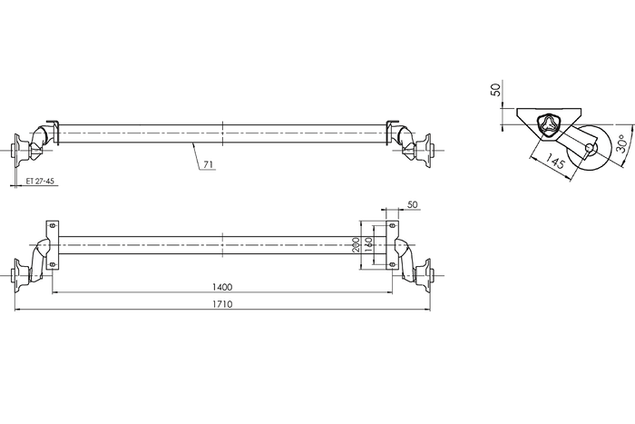 AL-KO OPTIMA eje sin freno para remolque 750kg 1400mm 1710mm 4x100