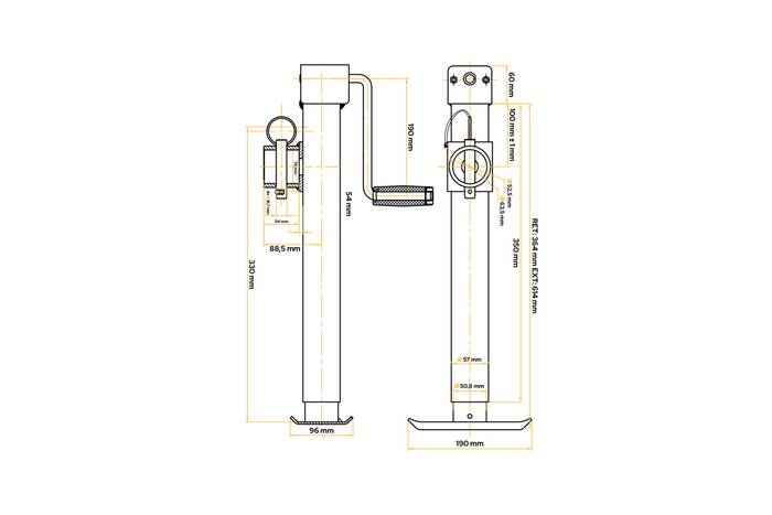 Soporte extensible con adaptador UNITRAILER TJ5001+TJ5002A para remolque de plataforma plana de 1300 kg (364-614 mm)
