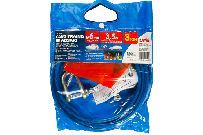 Cuerda de remolque con grilletes LAMPA cuerda de acero 3,5m/6mm/3t azul