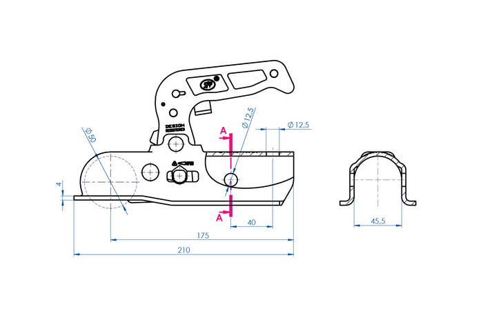 Enganche de bola STEELPRESS BC-1700A para remolque de 1700 kg con barra de tiro tubular de 45 mm