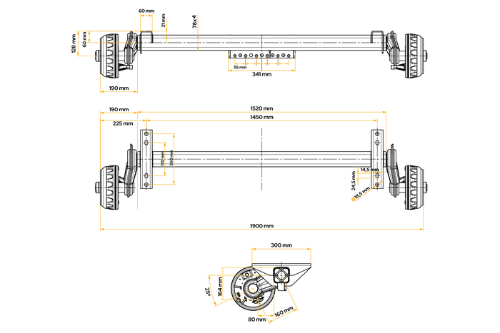Eje con freno KNOTT VGB13-M para remolque/transportador 1350 kg 1450 mm 1900 mm 5x112