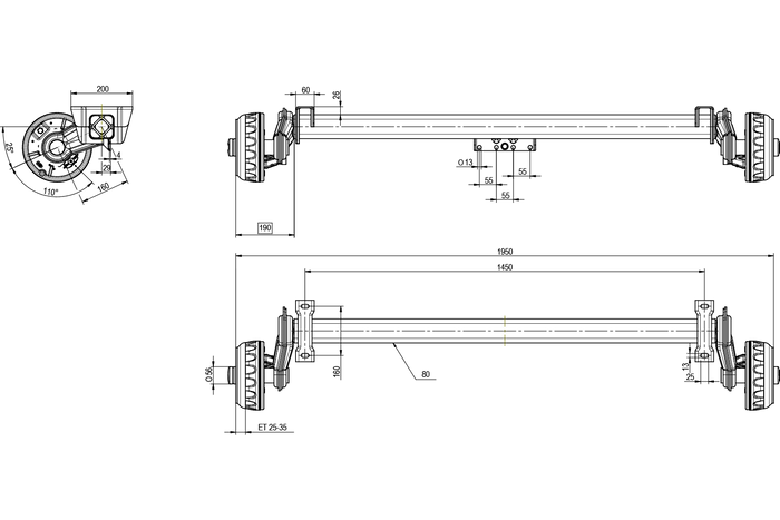 KNOTT VGB13M eje frenado para remolque / grúa 1350kg 1450mm 1950mm 5x112