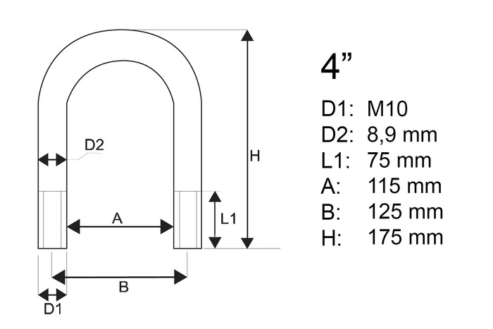 Abrazadera redonda M10 con tuercas y arandelas 115/175