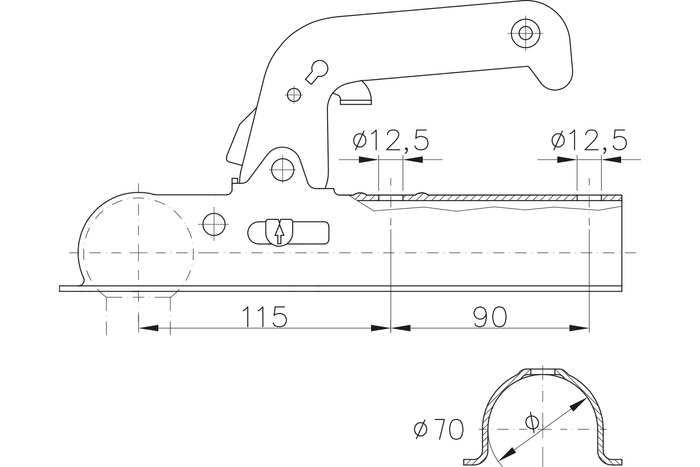 Enganche de bola WINTERHOFF WW8-C para remolque de 800kg con lanza tubular de 70mm