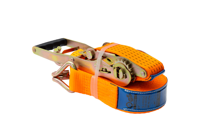 Cinta transportadora UNITRAILER ERGO de 12 m/50 mm/5 t de color naranja con tensor.