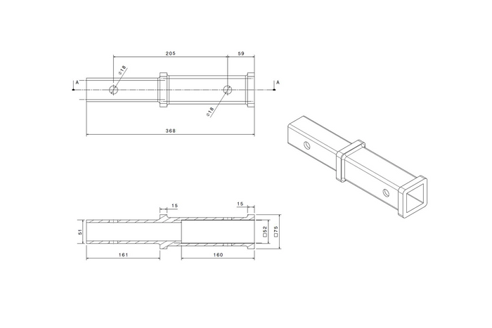 Extensión de enganche de remolque XIMPLIO de 2" (205 mm, 51x51 mm)
