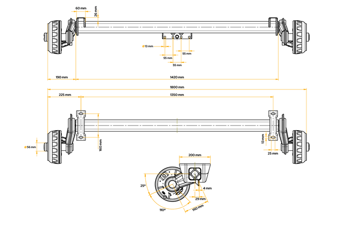 Eje con freno KNOTT VGB13 para remolque/portavehículos 1350 kg 1350 mm 1800 mm 5 x 112