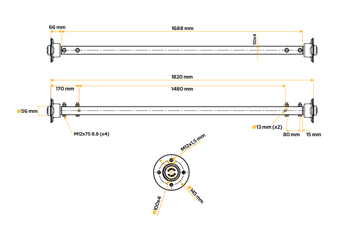 Eje rígido sin freno KNOTT VR7 con muelle para remolque 750 kg 1480 mm 1820 mm 4x100