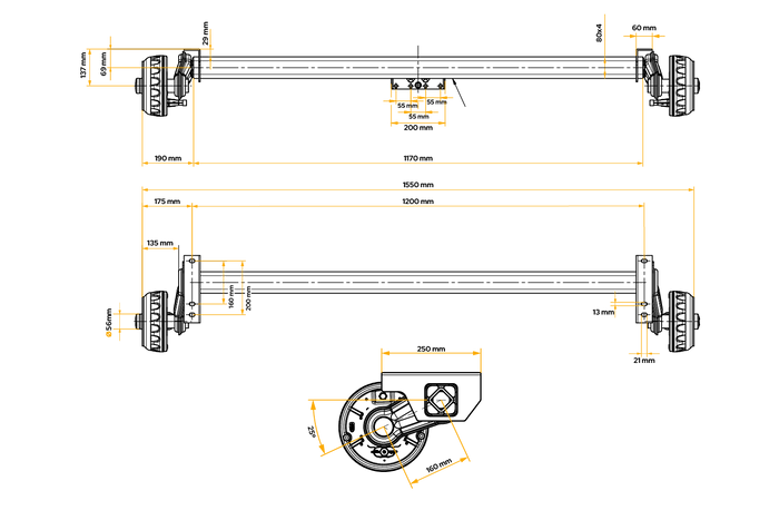 Eje con freno KNOTT VGB13M para remolque/transportador de vehículos 1350 kg 1200 mm 1550 mm 5 x 112