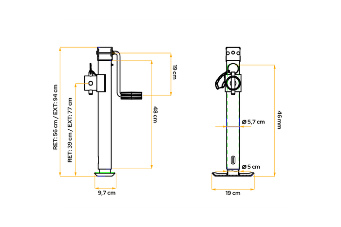 Soporte de manivela extensible UNITRAILER TJ5002 para remolque de plataforma plana de 1300 kg, 560-940 mm