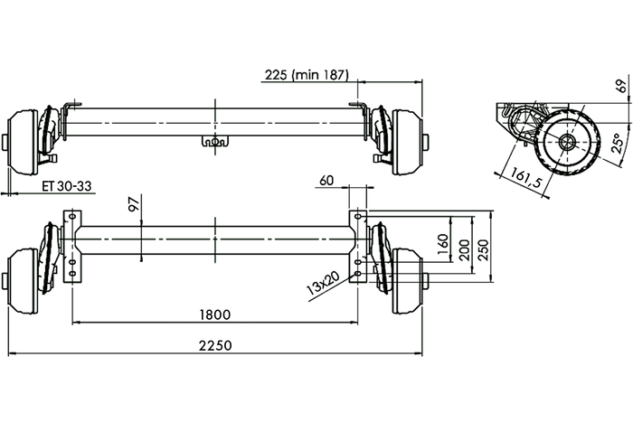 AL-KO COMPACT eje frenado para remolque / grúa 1350kg 1800mm 2250mm 5x112