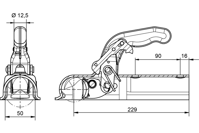 Enganche de bola KNOTT K14-A para remolque de 1400kg con barra de tiro tubular de 50mm