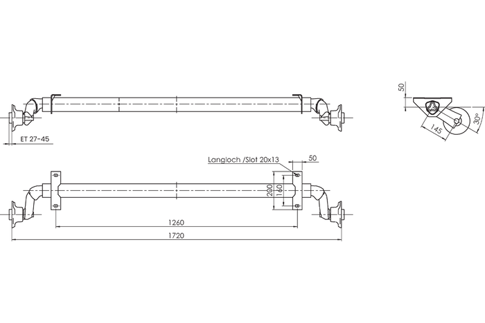 Eje sin freno AL-KO OPTIMA para remolque 750kg 1260mm 1720mm 4x100